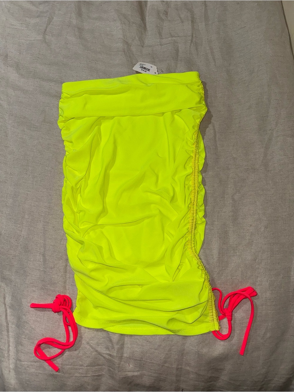 LACAUSA Neon Yellow Strapless Ruched Top with Pink Ties Size M Nwt